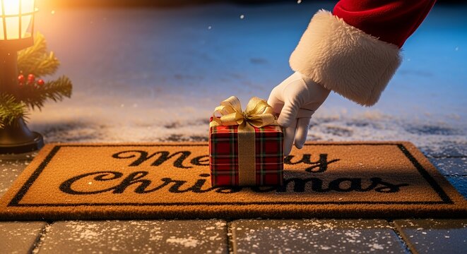 Focus on the tradition of Christmas gifting, showing a person dressed as Santa Claus delivering a red present to a snowy doorstep.