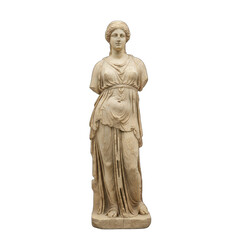 Ancient Marble Statue of a Woman in Draped Garments on a Black Background Isolated