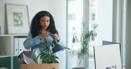 Woman, fired and packing box at office, career change and leaving workplace at finance company. Person, container and sad broker with documents, job dismissal and unemployment at insurance agency