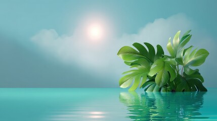 Obraz premium Lush Green Leaves Emerging from Tranquil Waters Under Soft Sunlight and Dreamy Sky with Gentle Clouds Reflected in Calm Surface