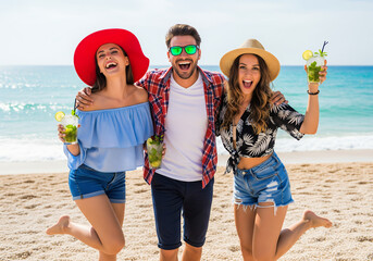 Three cheerful friends enjoying a vibrant beach vacation with refreshing drinks.