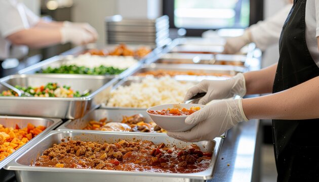 Closeup of gloved hands serving hot stew from a cafeteria buffet line with various dishes.