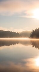 Obraz premium Serene early morning landscape featuring a calm river reflecting the sky and surrounding trees with mist rising over the water under a soft sunrise glow