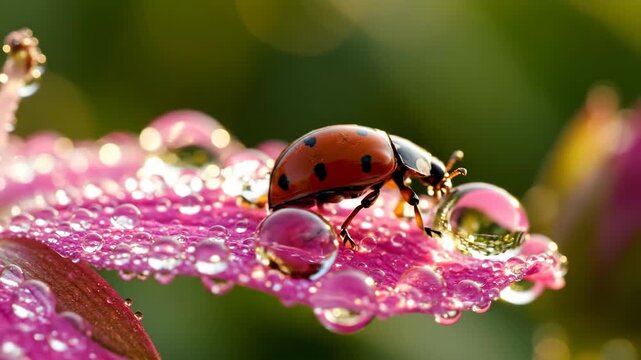 Vibrant ladybug navigates dew drops on a delicate pink petal, capturing early morning's fresh wonder and natural beauty