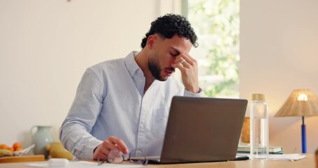 Businessman, laptop and headache with stress in home for eye strain, pressure or deadline. Man, remote work and migraine with computer, pain or burnout for overworked, vertigo or fatigue in house - Powered by Adobe