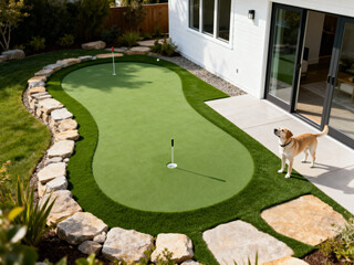 An artificial putting green is shown in a backyard, featuring a rock border, a white house, and a golden labrador dog looking up.