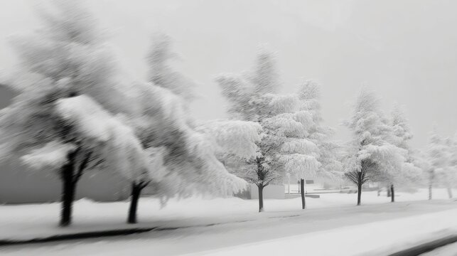 Snowy winter scene with blurred white trees and a quiet road creating a serene atmosphere in a monochrome landscape of winter tranquility