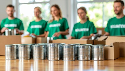 Volunteers in green shirts organize canned goods and boxes for donation.