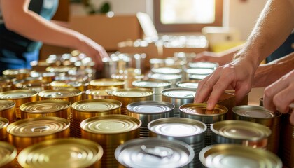 Volunteers sorting canned goods for donation in a food bank.