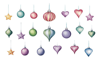 Christmas Watercolor Ornament Set with Hanging Decorations