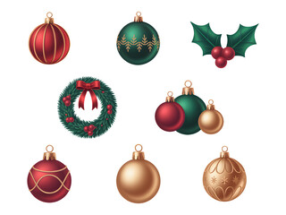 Set of Christmas Ornaments in Green and Red on Transparent Background