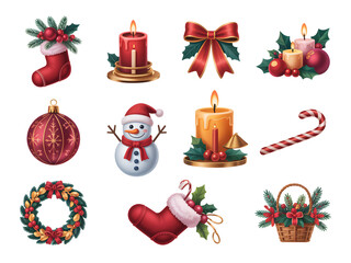Elegant Watercolor Gold Christmas Ornaments and Festive Elements on Transparent Background
