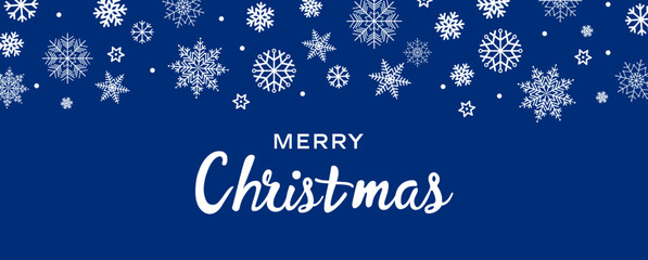 Christmas winter background with white snowflakes of various sizes creates a cheerful festive mood for holiday campaigns, winter celebrations, greeting cards. Sale banner. Vector