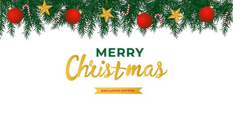 Christmas frame from fir branch, balls, golden star, lights. Xmas sale background for discount offer for shop, social. For winter holiday headers, banners, party posters. Vector template