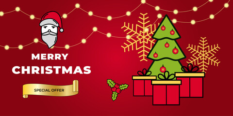 Merry Christmas and Happy new year sale ornaments, and gold star and snowflakes, lights. Holiday greeting card banner design on red background, Vector illustration