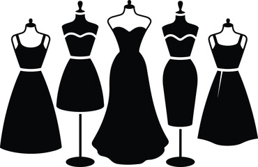 Elegant female dress mannequin silhouettes for fashion boutique, sewing studio, tailoring design, clothing store display, and fashion illustration vector