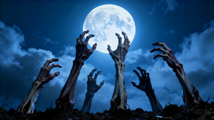 Spooky zombie hands reaching from the ground under a bright full moon on a dark night creating a Halloween themed scene with a scary and eerie atmosphere perfect for horror designs
