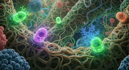 Microscopic organisms interact within a complex biological matrix under vibrant illumination