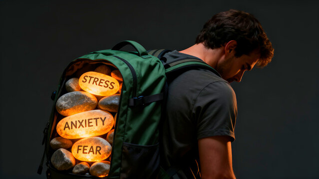 Man carries a heavy backpack filled with glowing rocks labeled stress anxiety and fear symbolizing mental health burden and emotional weight on a dark background representing depression and struggle