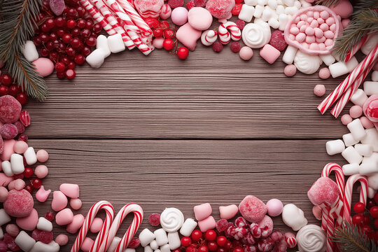 Colorful assortment of sweets and candies arranged on wooden background for festive celebrations and special occasions