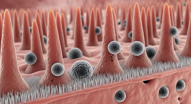 Microscopic view illustrates viral particles interacting with the surface of ciliated epithelial cells