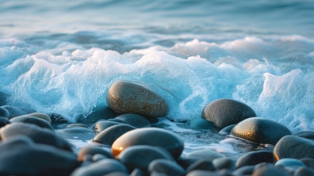 Smooth stones by the shore with gentle waves crashing on a serene beach at sunset in a peaceful coastal landscape setting
