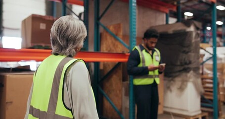 Warehouse manager, angry woman or talk to lazy worker for logistics, time management or unproductive. Shipping, mature boss or man with conversation for conflict, under performance or poor work ethic