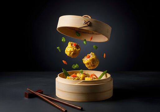 Dynamic food shot of two Siu Mai (Shumai) dumplings floating above a bamboo steamer, garnished with herbs and carrots.