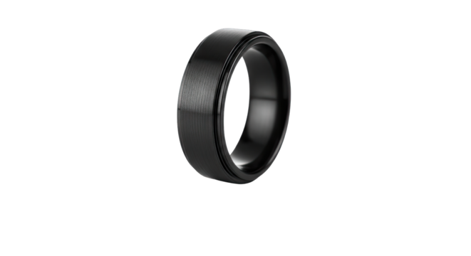 Black Textured Metal Ring with Subtle Engraving and Silver Inner Band Isolated on Transparent Background in Studio Lighting