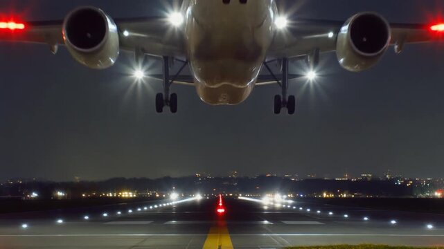 Commercial jet accelerating for takeoff at night with bright runway lights. Air travel, speed, busy transportation, and modern airport logistics concept.