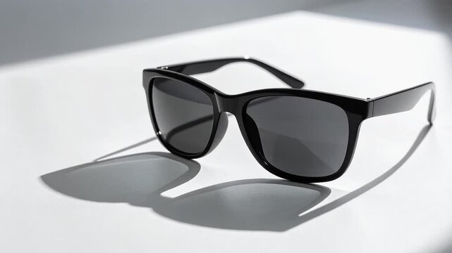 Stylish black sunglasses with sharp shadow movement on a white surface. Fashion, summer, eye protection, and abstract clean design concept.