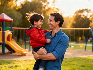 Father and son smiling at each other at a park. The father is holding the son. Playground equipment is visible in the background, bathed in sunlight.