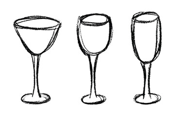 Set of hand drawn wine and champagne glasses Alcohol drink clipart in doodle style Single element for print, web, design, decor Happy New Year
