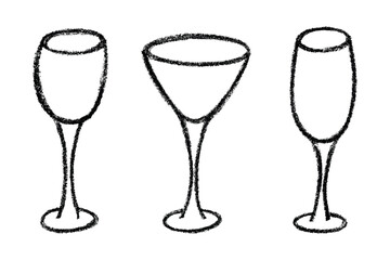 Set of hand drawn wine and champagne glasses Alcohol drink clipart in doodle style Single element for print, web, design, decor Happy New Year