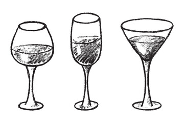 Set of hand drawn wine and champagne glasses Alcohol drink clipart in doodle style Single element for print, web, design, decor Happy New Year