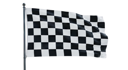 Black And White Checkered Racing Flag Waving On A Metal Pole Against A Transparent Background Symbolizing Victory And Competition