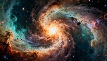 A vibrant, swirling galaxy showcasing a bright central core and colorful nebulas.