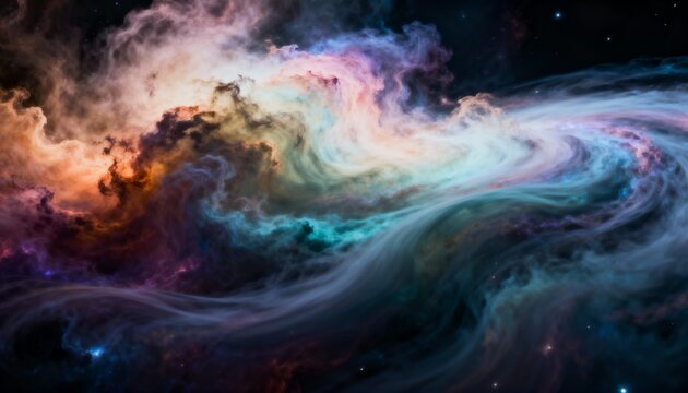 A swirling nebula of vibrant colors, including blues, purples, oranges, and yellows, set against a backdrop of distant stars.