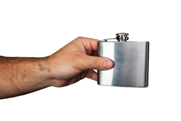 A male hand holding a metal hip flask. Man holding a metal flask. Man holding an alcohol container. Man passing a hip flask PNG transparent