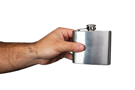 A male hand holding a metal hip flask. Man holding a metal flask. Man holding an alcohol container. Man passing a hip flask PNG transparent