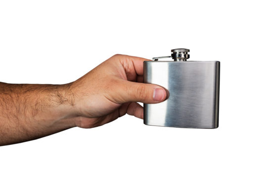 A male hand holding a metal hip flask. Man holding a metal flask. Man holding an alcohol container. Man passing a hip flask PNG transparent