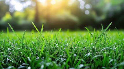 Naklejka premium Close-up of vibrant green grass blades with a blurred background of trees and sunlight