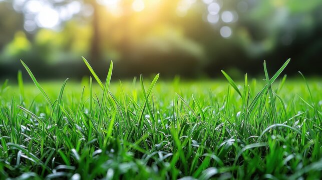 Close-up of vibrant green grass blades with a blurred background of trees and sunlight