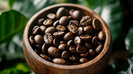 Close up overhead view of roasted coffee beans filling a rustic wooden bowl surrounded by fresh green coffee plant leaves