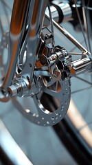 Obraz premium Close up detail of a shiny chrome disc brake system on the rear wheel of a bicycle