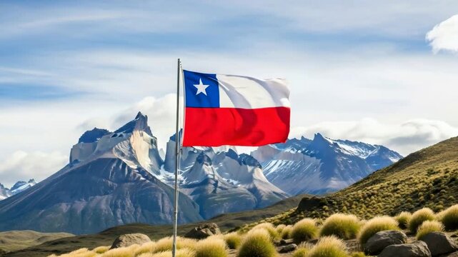 Chilean flag waving in the wind with the torres del paine mountains in the background. National holiday travel concept.