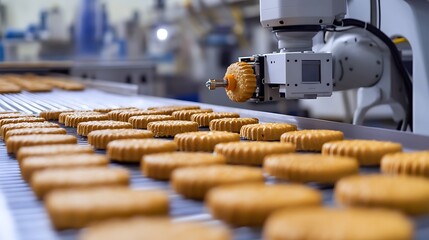 Automated robotic arm precisely placing freshly baked cookies onto a conveyor belt in a modern food production facility