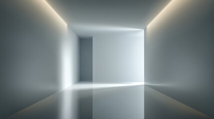 Minimalist Empty Modern Room with Soft Lighting and Reflective Floor in Neutral Tones, Ideal for Contemporary Design and Architectural Concepts