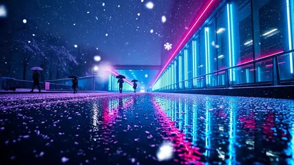 People walking in futuristic city street during vibrant neon snowfall - Powered by Adobe