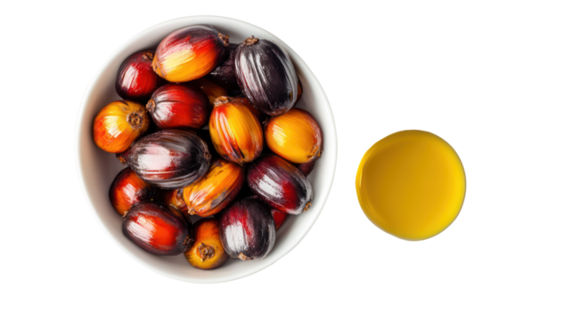 Bowl of fresh palm oil fruits and one isolated fruit on transparent background isolated on transparent background